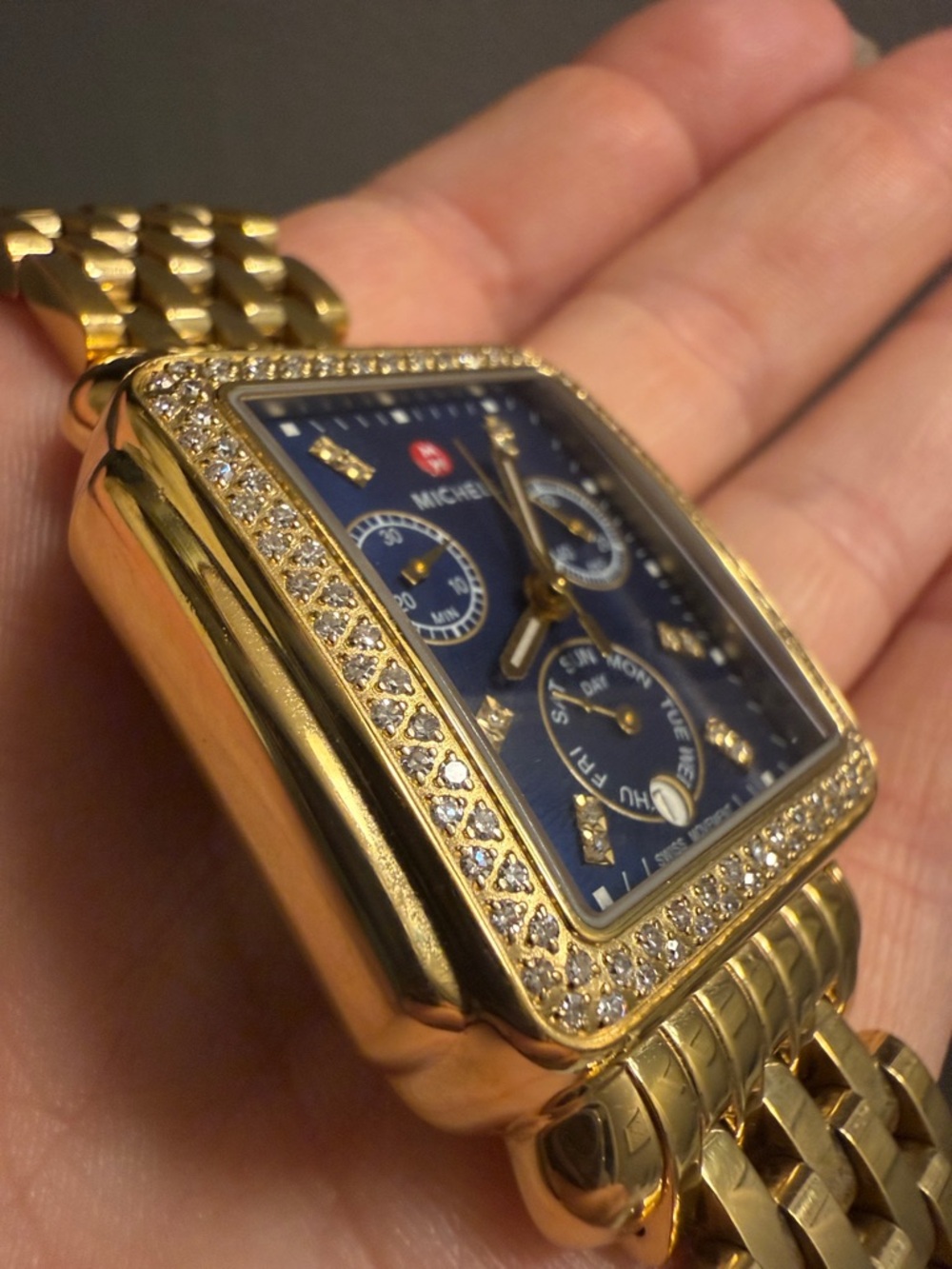 Michele Gold Bracelet Watch with Blue Dial and Diamond Bezel - Picture 3 of 7